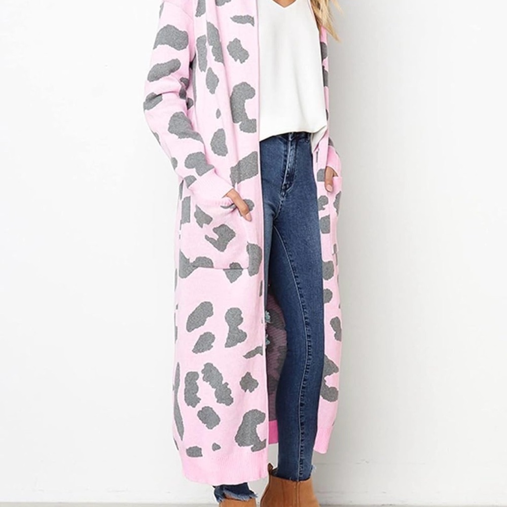 Pink and Gray Leopard Print Women's Sweater